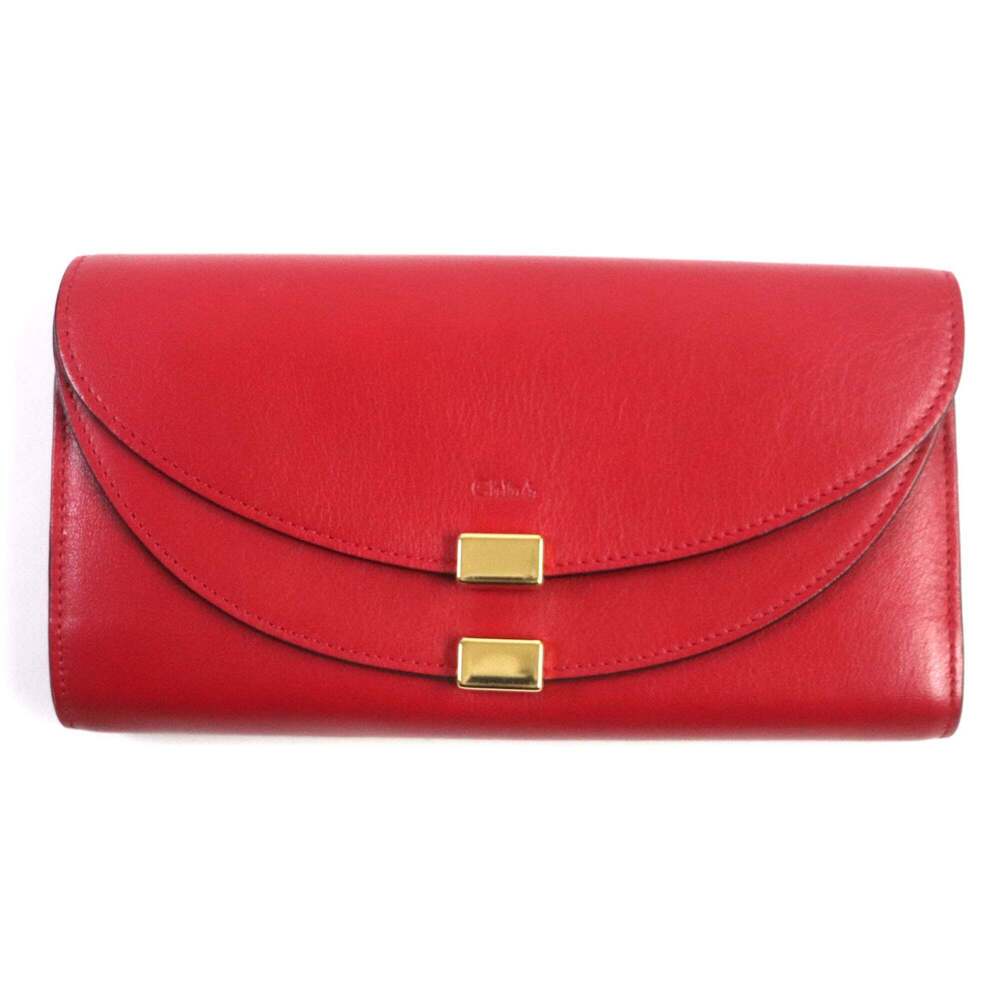 Chloé Chloe GEORGIA 3P0284 Leather Double-Flap Bi-Fold Long Wallet in Red wit...